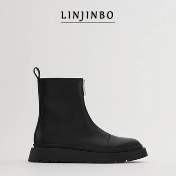 

LINJINBO Autumn Front Zipper Design Short Boots Women Black Round Toe Flat Heel Ankle Boots For Women British Style 2020 New