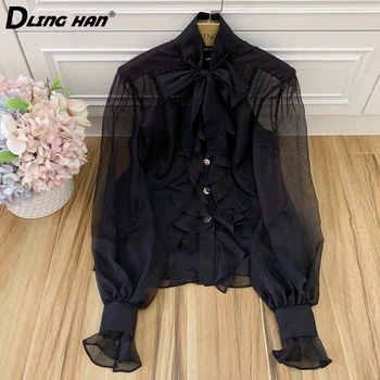 

LINGHAN Elegant Bow Black Shirt Fashion Button Lantern Sleeve temperament Slim Chiffon Blouse Tops Designer Spring Summer New