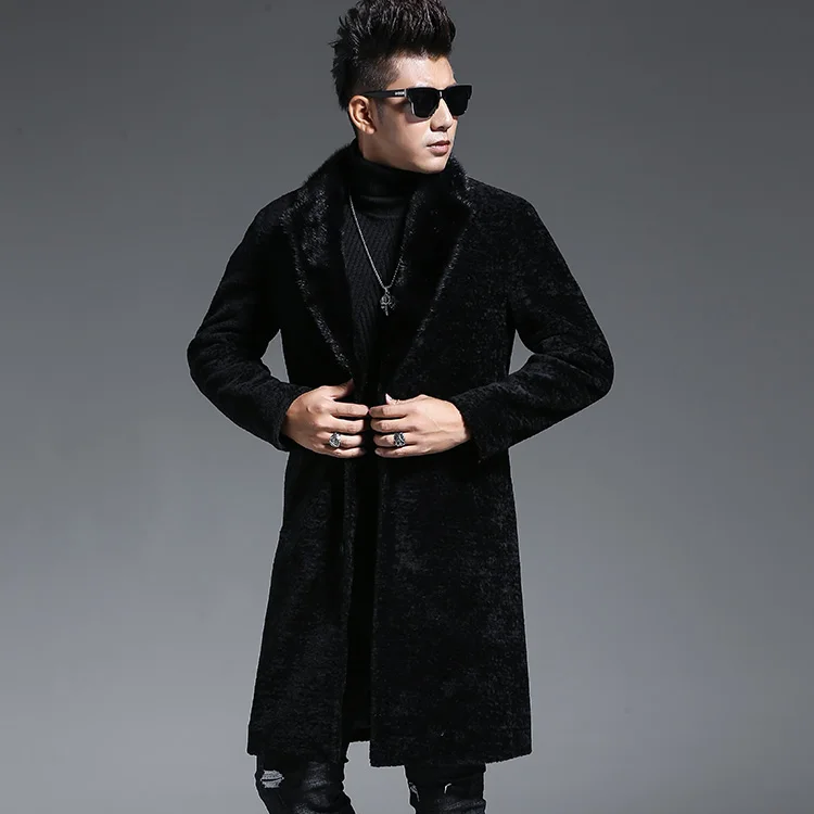 Кожаные мужские длинные меховые модные трендовые шерстяные пальто tide
