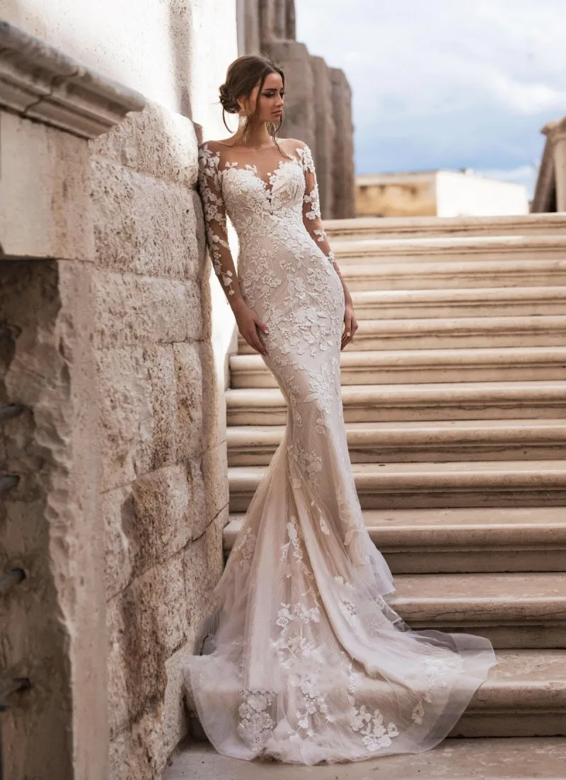 Скромная Русалка свадебное платье со съемным шлейфом Кружева Пляж Свадебные платья Длинные рукава Vestido De Noiva