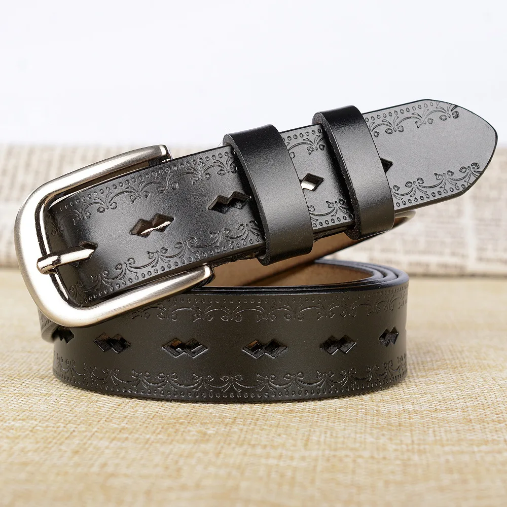 Deepeel 1pc 2.8*105-120cm Second-layer Leather Hollow Ladies Belt Fashion Wild Jeans Decorative Pants Leather Belt YB327 - Цвет: Черный