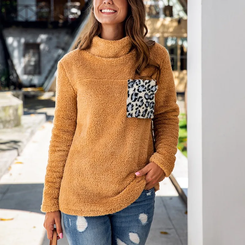 

Women Keep Warm Plush Leopard Printing Sweatshirt Pocket Stitching Long Sleeve Casual Plus Size Winter Autumn Loose Tops