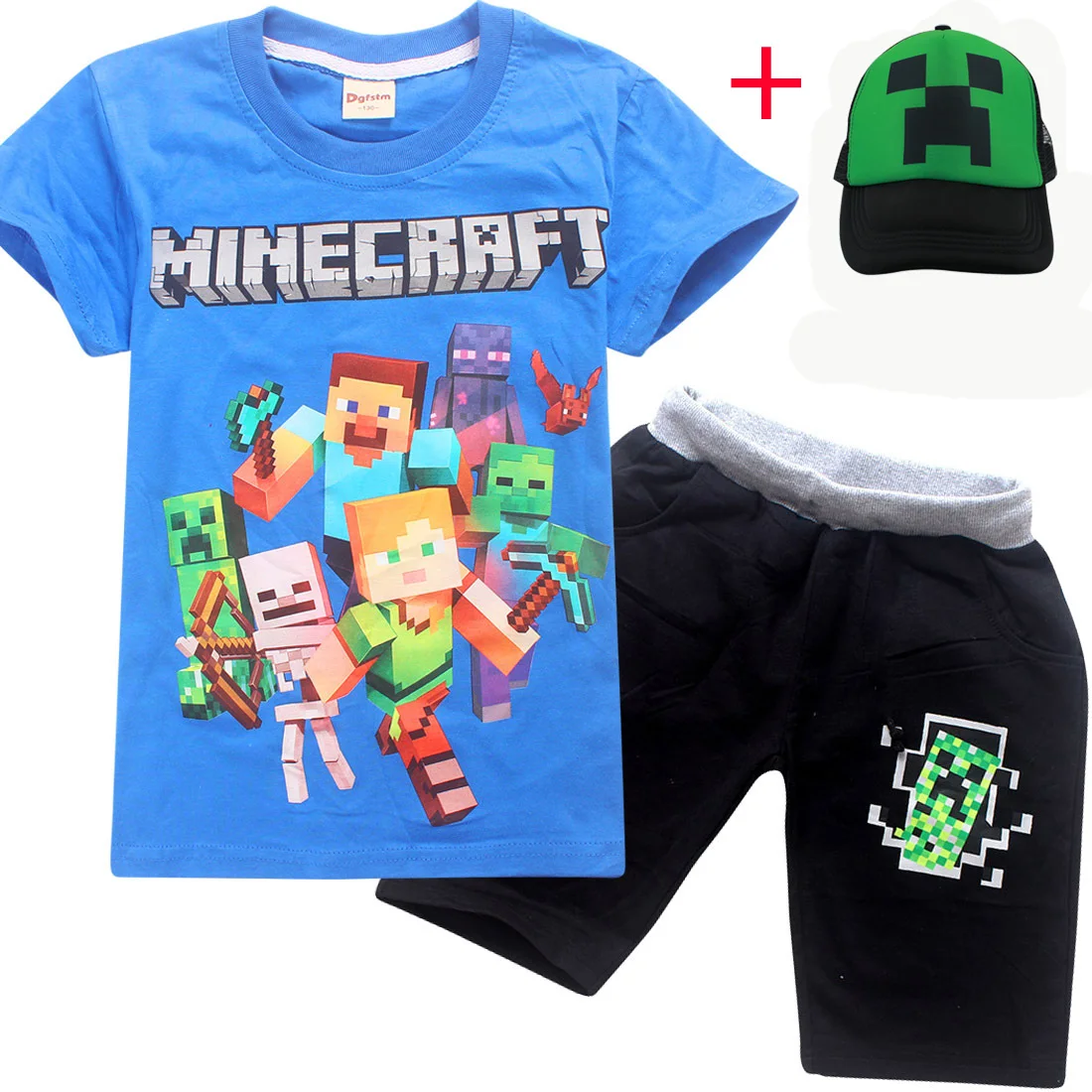 

2019 New Summer Minecraft Outfit Sets Children Kids Clothes Cotton Tops + pants Suits 2Pcs Clothing Boys Clothes cap