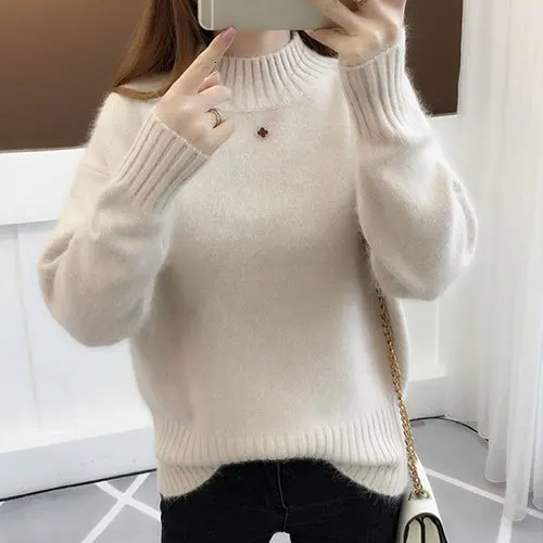 Beige PEONFLY корейский стиль женские свитера и пуловеры Зима Свободный длинный рукав вязаный свитер женский синий зеленый - Цвет: Beige