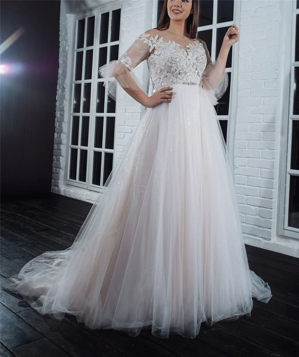 

Sparkling Blingbling Ivory Tulle Bohemian Wedding Dresses Half Sleeves Appliques Zipper Up Wedding Dress Robe De Mariee