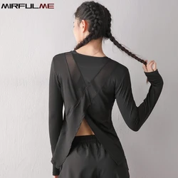Women Loose Yoga Shirts Mesh Patchwork Workout Tops Thumb Hole Long Sleeves Sport T-Shirt Gym Fitness Running Sweatshirts Female