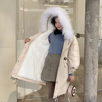 

Long Fur Coat Lamb Wool Lining Hooded Winter Down Coat Women Oversize Jacket Student Cotton Padded Wadded Parkas Big Pocket
