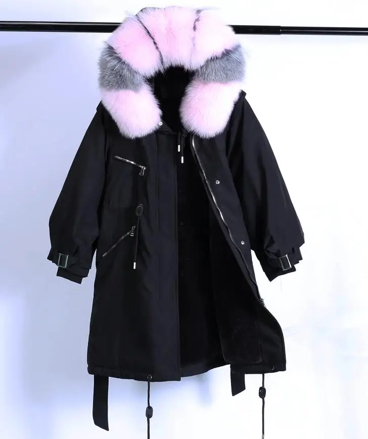 black Real fox fur Зимняя куртка, пальто для женщин, брендовые парки,, большой воротник из натурального меха енота, с капюшоном, Длинная женская стеганая зимняя верхняя одежда - Цвет: black Real fox fur