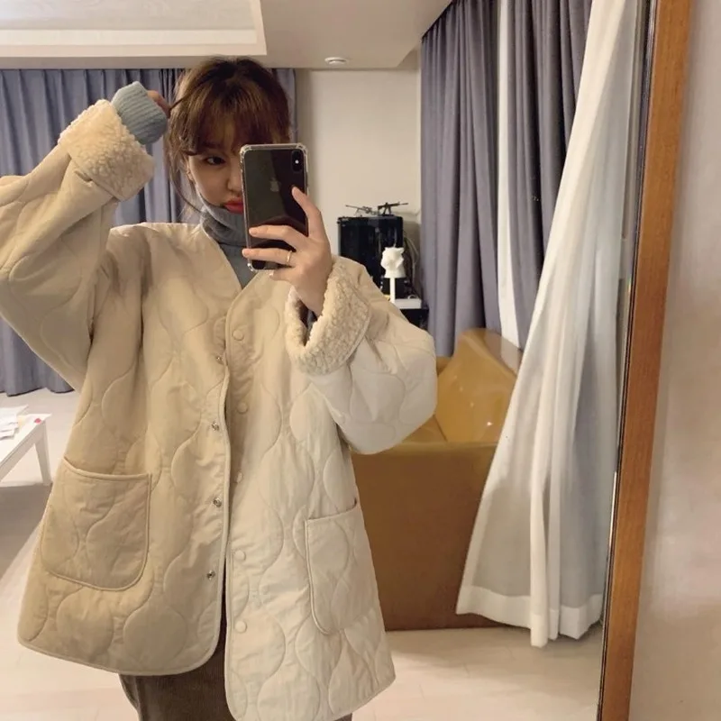 

Autumn and Winter All-match Urban Casual Vintage Lalambswool Plaid Embossed Loose Cotton-Padded Clothes Jacket