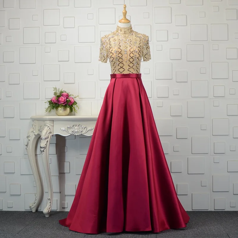 Элегантные бордовые вечерние платья с короткими рукавами с высоким горлом Длинные Кристаллы бисера атласные вечерние платья для