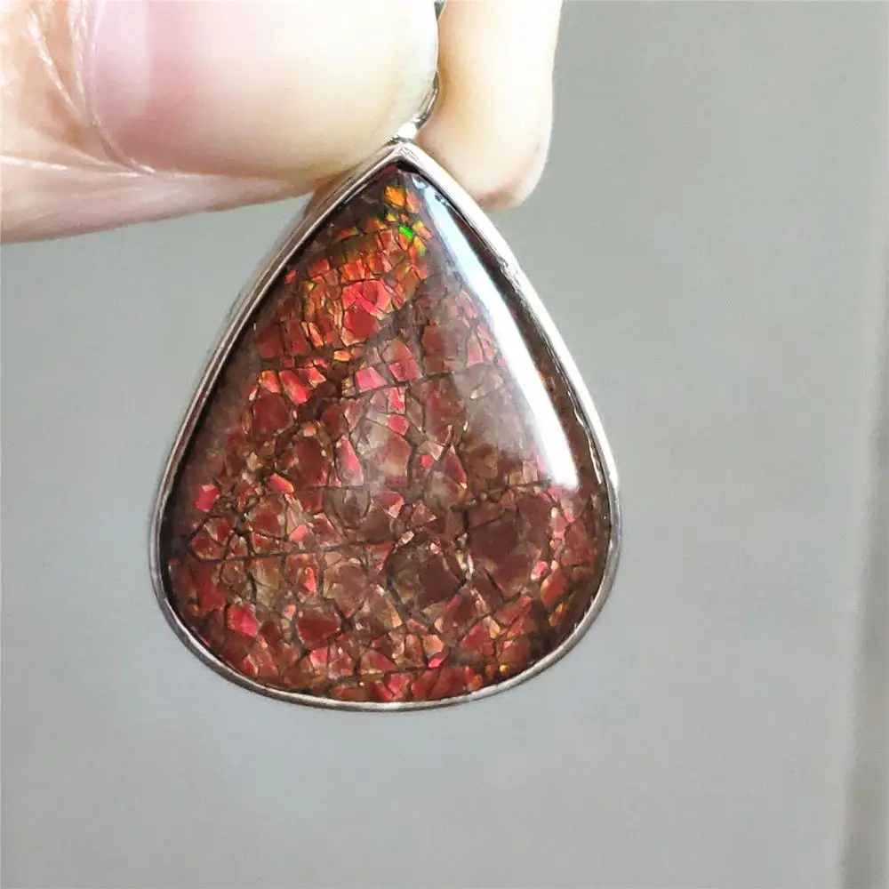 Природный Аммонит Ammolite красный цветастый светильник Кулон Серебряное колье с подвеской с камнями в 25x21x5 мм Для женщин Для мужчин из Канады Цепочки и ожерелья AAAAA