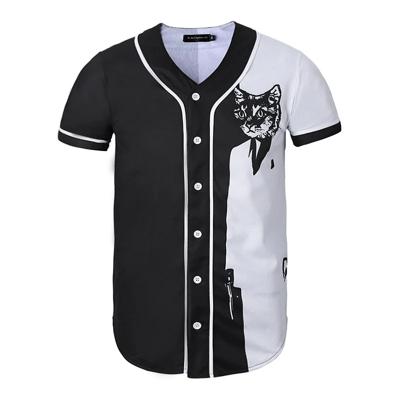 The new summer trend creative 3D black and white cat print men's short-sleeved baseball suit