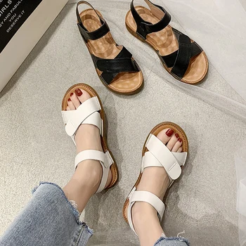 

2020 New Fashion Woman Sandals Bohi Vintage Solid Whte Black Flat Shoes Beach Holiday Vacation Sandal