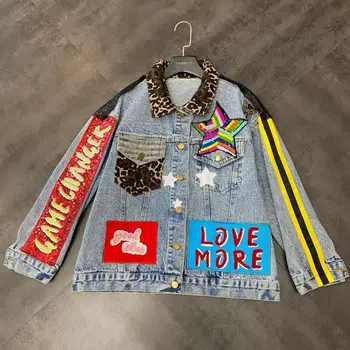 

Celebrity 2020 Spring New Back Character Applique Letter Sequin Street Fashion Cowboy Jacket Women's Short Denim Coats Jeans