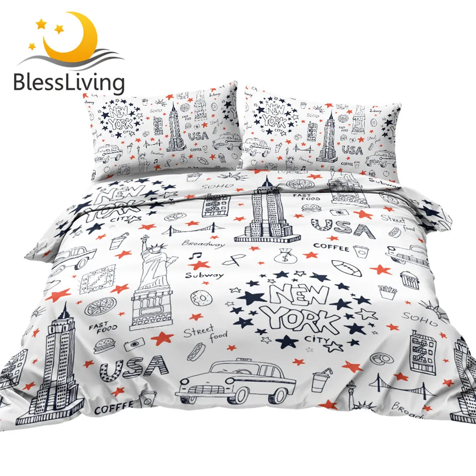 

BlessLiving City Bedding Set Urban Graffiti Duvet Cover Landmark Building Twin Bed Set Modern Bedspread Star Home Decorations