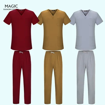 

New Unisex Adults Medical Doctor Nursing Scrubs Costume Uniform Tops V-neck Short Sleeves Tops and Elastic Waisted Long Pants