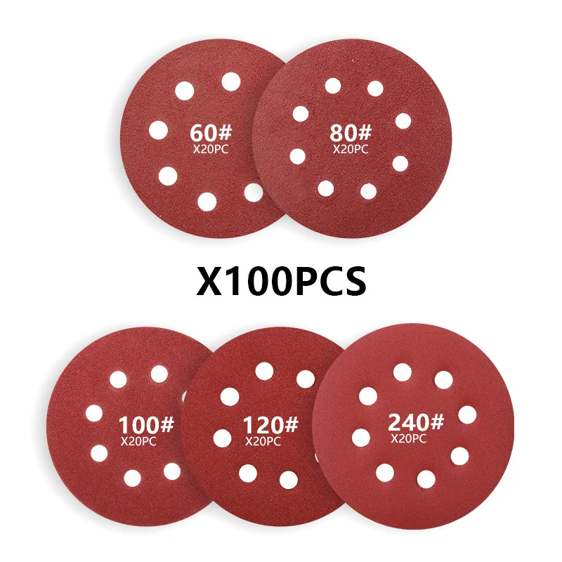 100pcs 5 inch 8 Hole Round Flocking Sandpaper Self-adhesive Angle Grinder Sheet