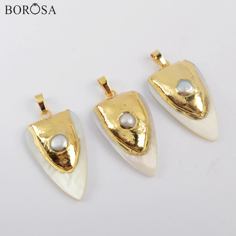 

BOROSA 10Pcs Shield Natural White Shell & Pearls Pendant in Gold Geometric Shell Pearl Pendants for Earrings Handmade G1916
