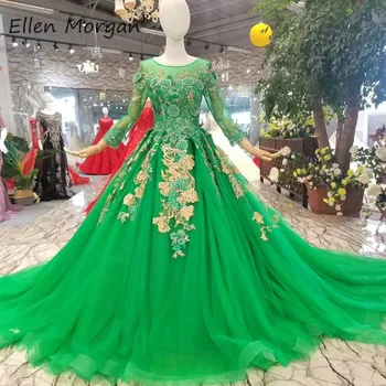 

Arabic Muslim Green Evening Dresses Long Sleeves Elegant 2019 Boat Neck Applique Tulle Formal Party Ball Gowna For Wowam
