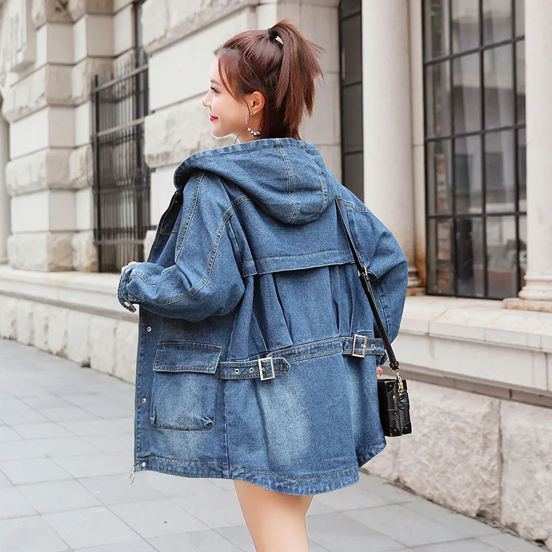 

New Plus Size Spring Autumn Women Coats Casual Pockets Loose Solid Hooded Tooling Jeans Trench Coat For Women Denim Outerwear