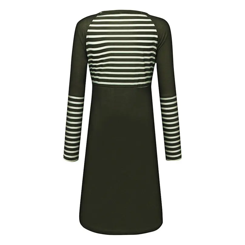 S-XXXL New Fashion Womens Dress Casual O-Neck Long Sleeves Printing Stripe Splicing Green Dress Vestidos 3O16 (5)