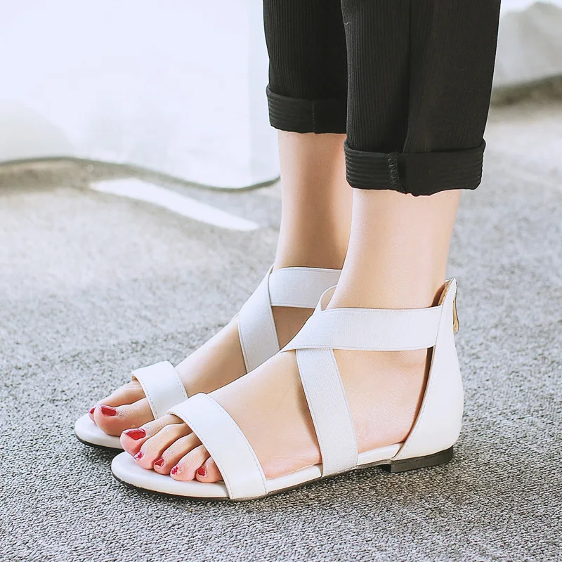 Классические модные сандалии на плоской подошве в римском стиле; пляжная обувь с закрытой пяткой и ремешком на щиколотке; летние сандалии на молнии со шнуровкой; Sandale Femme; 2121 - Цвет: Белый