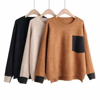 

New round neck fake pocket color matching front short back long Pullover Sweater warm soft casual loose knit women's sweater