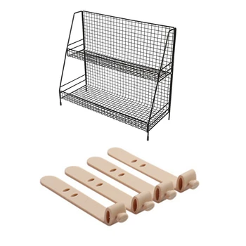 

5 Pcs Home Organizer: 4Pcs Silicone Strap Earphone Storage Tape Khaki & 1Pcs Double Layers Rack Storage Shelf Black