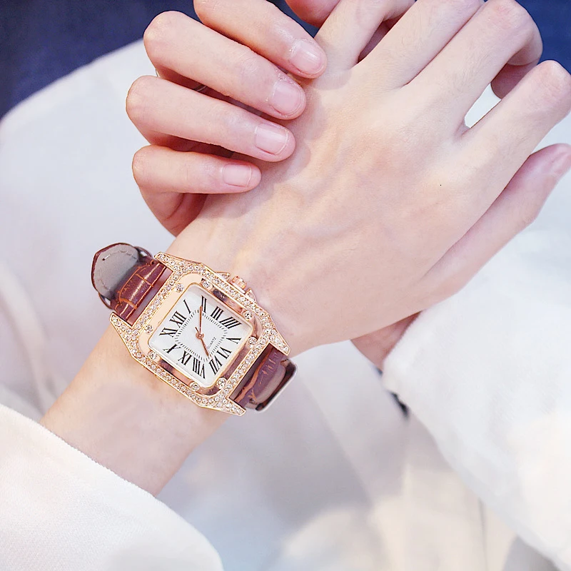 Лидер продаж, женские часы с квадратным бриллиантовым браслетом, Женские кварцевые наручные часы с кожаным ремешком, женские часы Zegarek Damski - Цвет: Brown