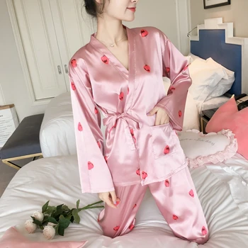 

2020 Autumn Silk Pajamas Sets for Women Long Sleeve Pyjamas Print Pijamas Feminino Japanese Kimono Lounge Homewear Home Clothing