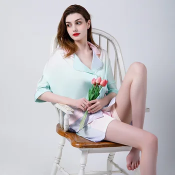 

Hot Selling Summer New Ladies Pajamas Set Simple Style Comfort Silk Satin Sleepwear Turn-down Collar Women Homewear Casual Wear