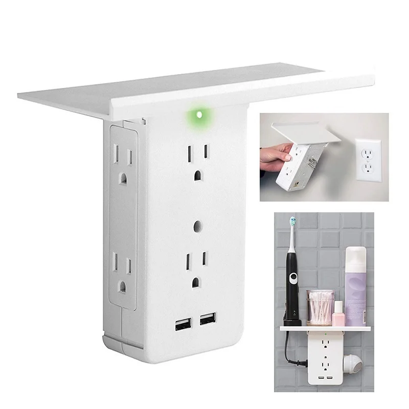 

US Plug Switch Rack Socket Six Electrical Outlet Extenders Double USB Charging Removable Built-In Shelf