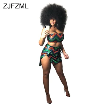 

Wave Striped Sequin Spliced Two Piece Outfit Women Clothes Off Shoulder Crop Top + Side High Split Mini Skirt 2Pcs Matching Set
