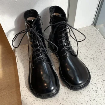 

brand design big round toe leather ankle boots for women autumn low heel fashion lace-up woman black beige zipper martin boots