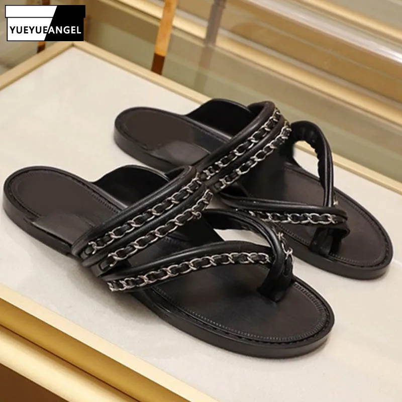 

Top Quality Womens Slippers Summer Fashion Women Shoes Flip Flops Women Sandals Casual Shoes Sheepskin Real Leather Chain Shoes
