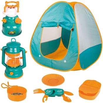 

7 Pcs Kids Play Tent Kids Fold Up Play Tent with Camping Gear Outdoor Toy Tools Set Kids Toys Parent-Child Interaction Set