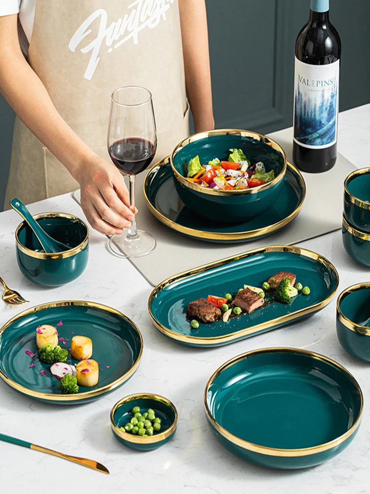 Ceramic Dinner Plates Dinnerware Set Dishes Luxury Green Food Dessert Plate Salad Soup Bowl Tableware Set for Restaurant Hotel