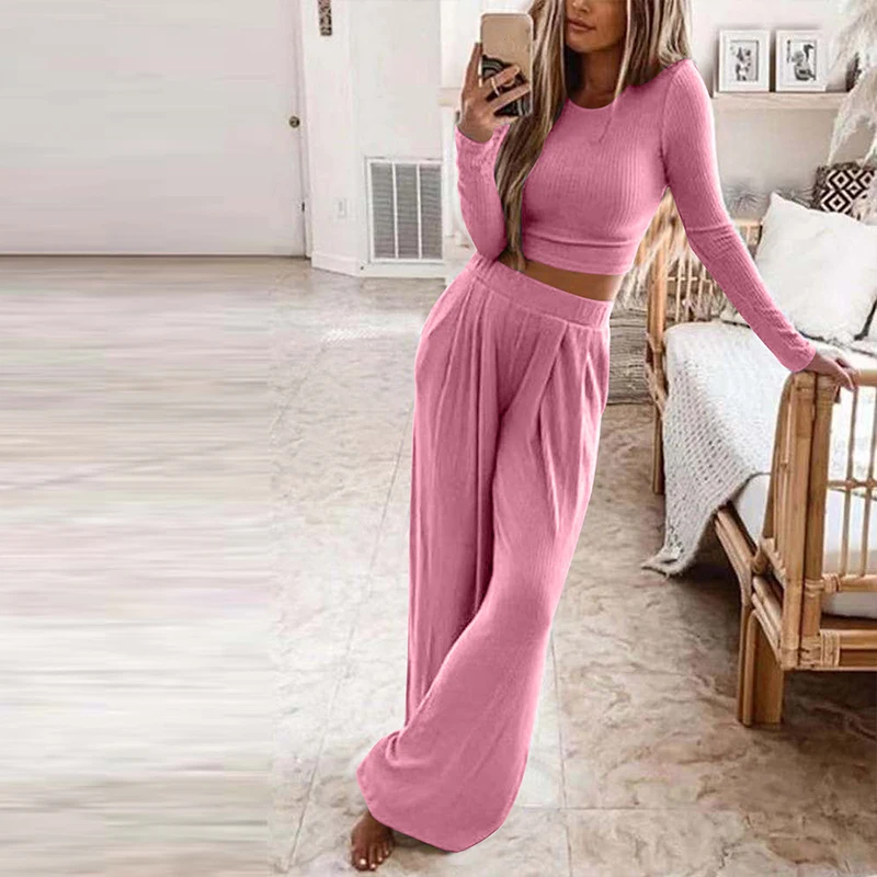 suit set Autumn Women's Solid Knitted Casual Home Wear Slim Tops Two-Piece Wide Leg Pants Set Ladies Clothes Winter Fashion Commuter Suit skirt suit set