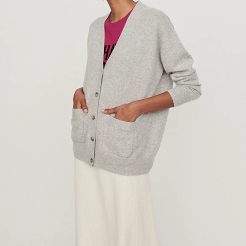 

100% Cashmere Gray and Black Sweater Single Breasted V-neck 2019 New Autumn and Winter Cardigan