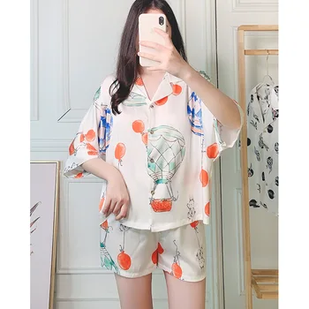 

Pajamas for Women Rayon Homewear Printing Nightwear Summer Pyjamas Lapel Pijamas Casual Sleepwear White Nightgowns 2 Pieces Set