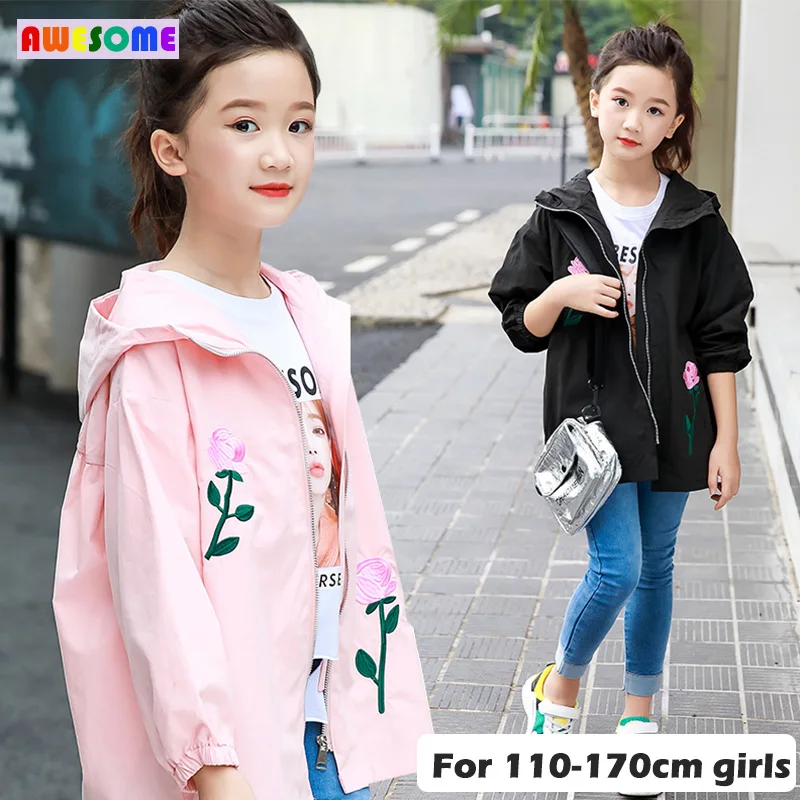 

Teens Flower Embroidery Trench Coats 2020 Spring Hooded Windbreaker for Kids Girls Jacket Fashion Windproof Outerwear 3-14 years
