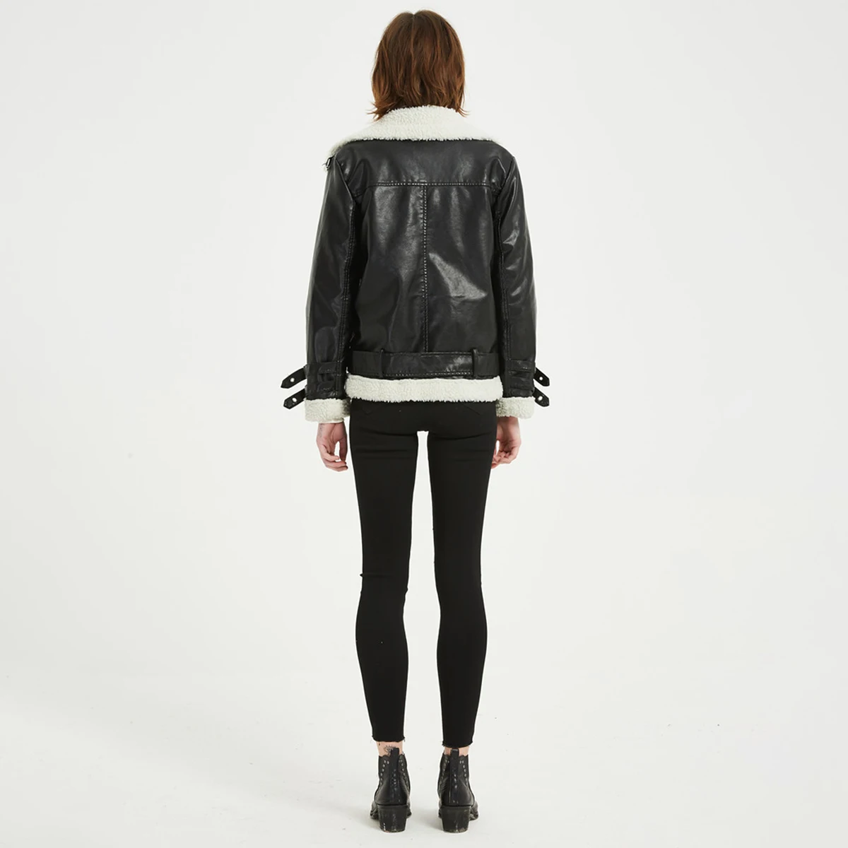 Vintage Women Faux Leather Thick Jacket Winter Turn-Down Collar Zippers Chains Buckle Black Jacket Retro Moto Biker Jackets