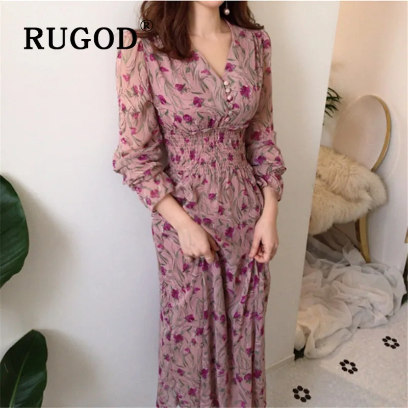 Женское платье миди с цветочным принтом RUGOD шифоновое длинным рукавом в стиле