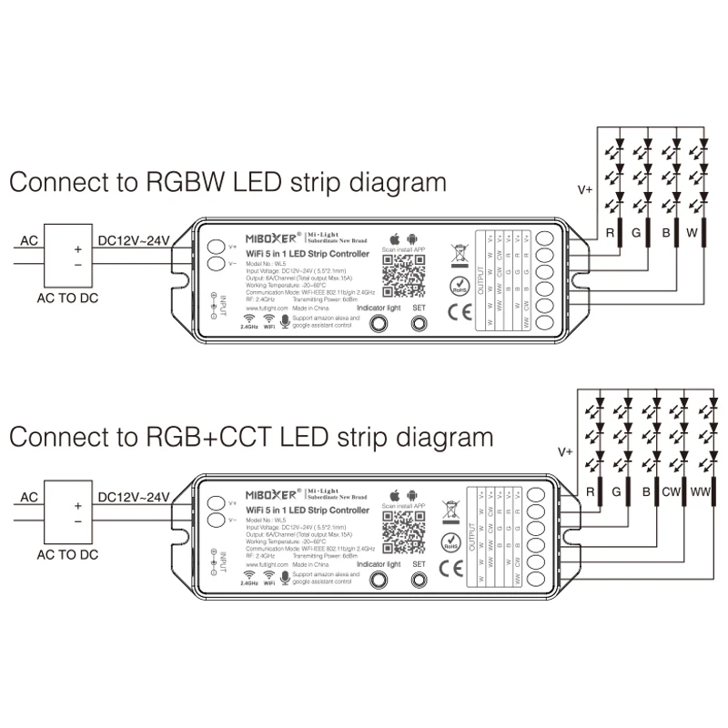 WL5 Wifi 5 in 1 Led Controller For RGBW RGB+CCT led strip light;2.4G Hz Remote:FUT092,8 Zone FUT089,B8 Wall-mounted Touch Panel