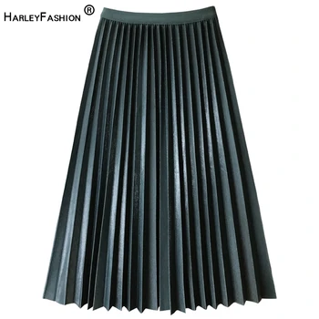 

HARLEYFASHION Drape Design Metallic Bright Mid-Calf Skirt Women's High Waist A-Line Pleated For 2020 New Autumn