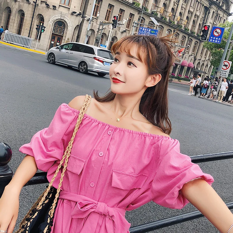 

[Dowisi] 2018 Summer Korean-style New Style Bandage Cloth off-Shoulder High-waisted Slimming Dress Women's F6557