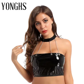 

Womens Festival Rave Top Wet Look Leather Pole Dance Top Halter Neck Strapless Back Zip Up Bandeau Crop Tops for Party Clubwear