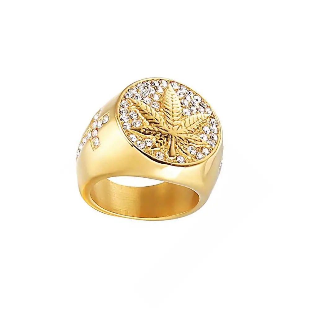 Хип-хоп кленовый лист кольцо перстень микро проложили Стразы Iced Out Bling для мужчин мужской золотой цвет панк рок ювелирные изделия