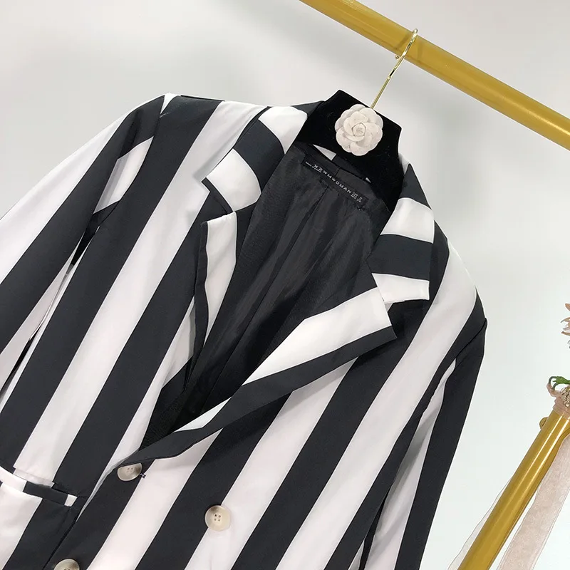 

Hb96 Autumn New Style Fashion Stripe Spell Color Double Breasted Loose-Fit Suit Jacket Women's Elegant Suit