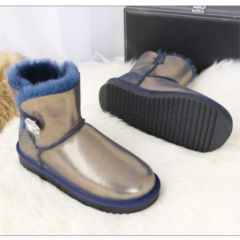 G& Zaco/Роскошные зимние сапоги из натуральной овечьей кожи; женские короткие зимние сапоги с пуговицами; ботинки из овечьей шерсти; Теплая обувь на плоской подошве - Цвет: darkblye